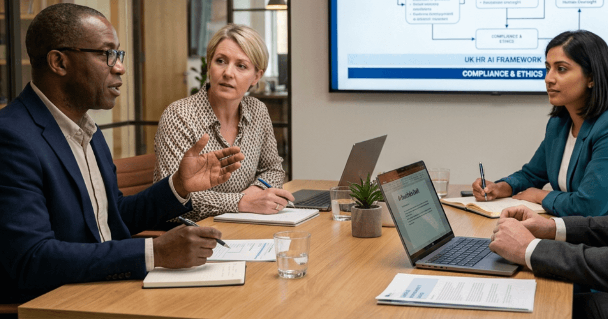 UK HR leader reviewing an AI in HR dashboard showing autonomous hiring decisions
