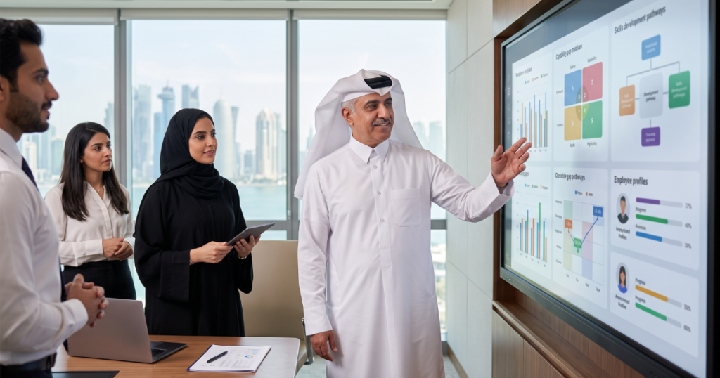 Skills Gap Analysis With Agentic AI: What Qatar's National Vision 2030 Employers Need to Know | Elevatus HR analyst conducting a skills gap analysis using employee assessment data