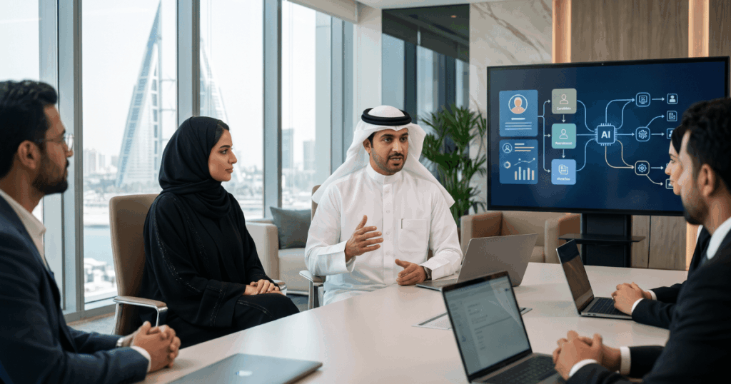 Strategic Workforce Planning in Bahrain: From Annual Budgeting Cycles to Continuous Forecasting | Elevatus Team collaborating on strategic workforce planning goals around a conference table