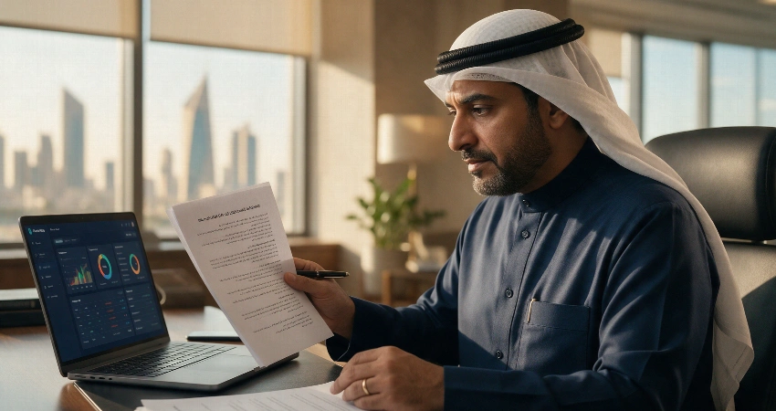 مدير موارد بشرية كويتي يراجع نصوص قانون العمل الكويتي في القطاع الخاص إلى جانب لوحة بيانات إلكترونية