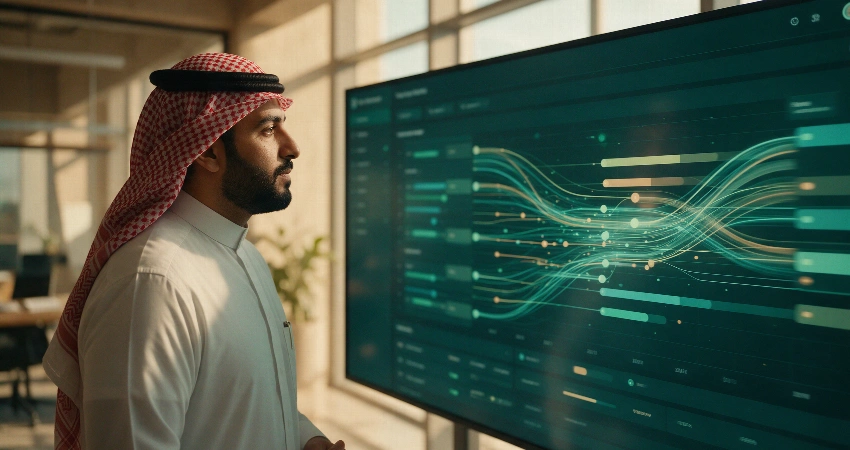 مدير موارد بشرية سعودي يراجع لوحة توظيف سريعة مدعومة بوكيل الذكاء الاصطناعي
