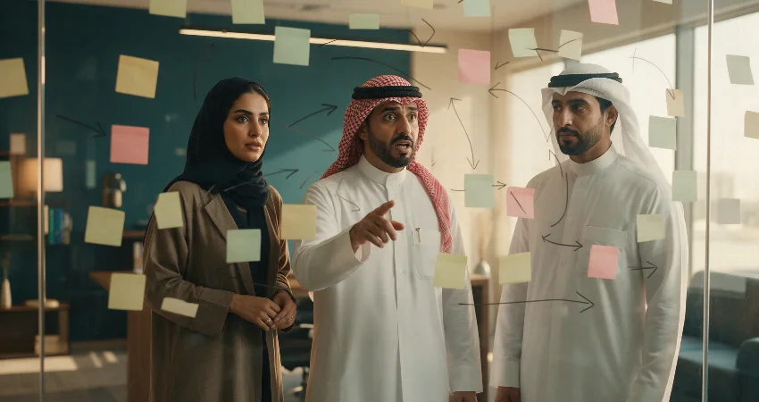 فريق عمل خليجي يناقش أهدافًا غير مرتبطة باستراتيجية الشركة أمام لوحة ملاحظات متفرقة