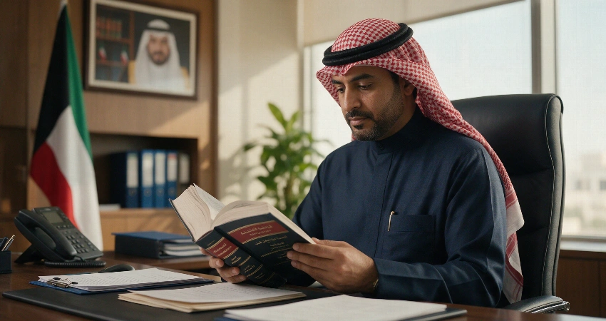 مدير موارد بشرية يقرأ نص قانون العمل الكويتي رقم 6 لسنة 2010 في مكتب رسمي