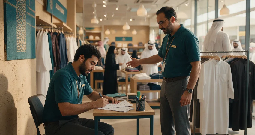 لماذا تخسر العديد من الشركات في قطاع التجزئة والضيافة موظفيها الجدد خلال أول ٩٠ يومًا؟ | Elevatus موظف جديد يوقّع أوراق التوظيف بسرعة بينما يشير المدير إلى صالة البيع مباشرة