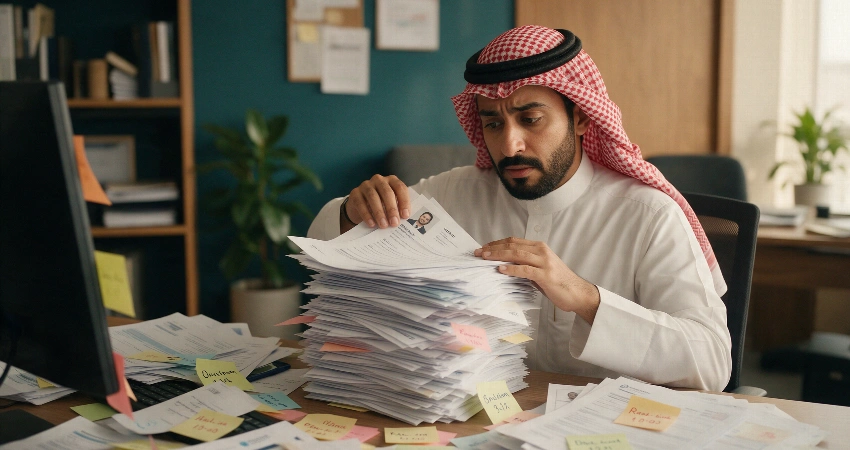 منسقة توظيف مرهقة أمام كومة من السير الذاتية المطبوعة وملاحظات جدولة المقابلات