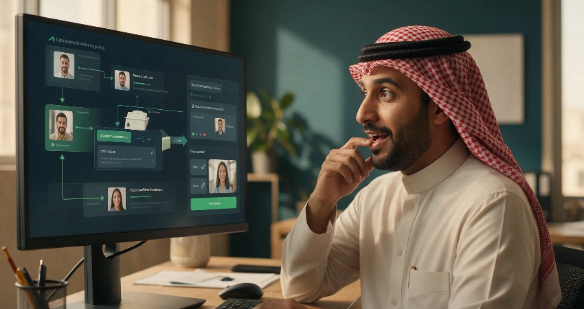 موظف موارد بشرية يراقب عملية فرز وجدولة مقابلات آلية ينفذها وكيل الذكاء الاصطناعي في الوقت الفعلي