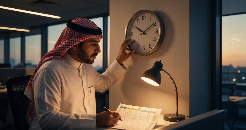 موظف في مكتب خليجي يراجع سجل الحضور وساعات العمل في المساء