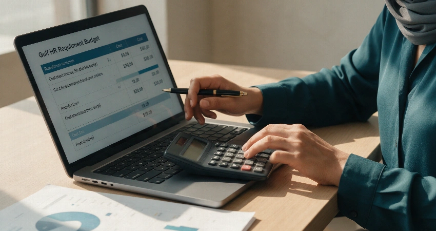 أخصائي مالي في الموارد البشرية يحتسب تكلفة التوظيف للموظف الواحد على آلة حاسبة