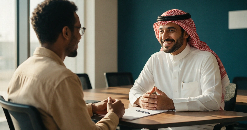 مقابلة عمل ودية وجهًا لوجه بين مدير توظيف سعودي ومرشح في مكتب حديث