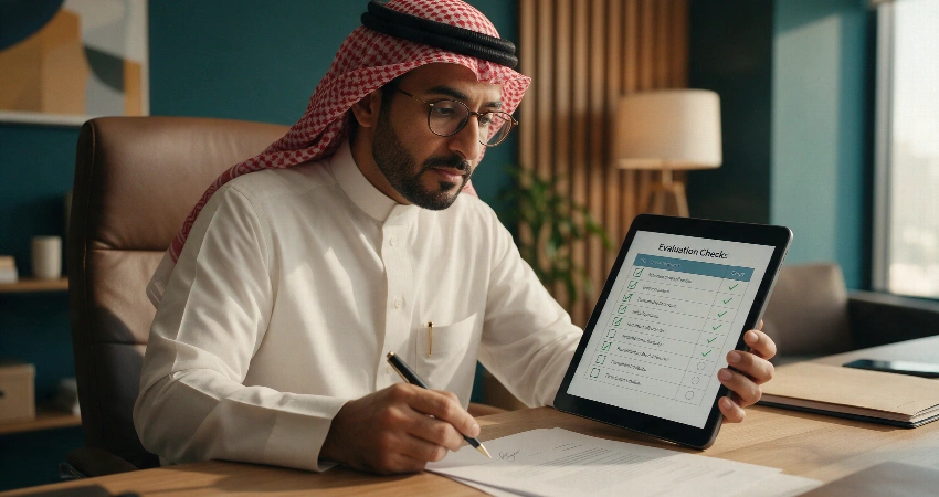 مديرة موارد بشرية تراجع قائمة تحقق تقييمية على جهاز لوحي قبل التعاقد مع حل تقني