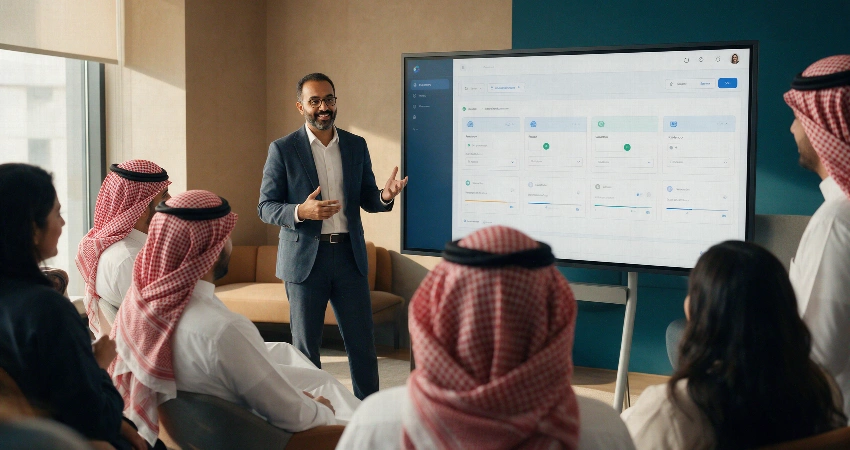 موظف يعرض واجهة منصة إليفاتوس الموحدة لتسريع التوظيف على زملائه