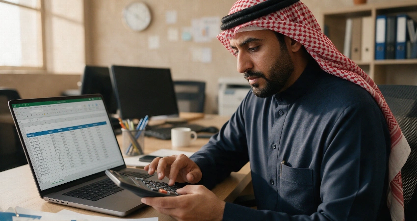 محاسب موارد بشرية كويتي يحتسب مكافأة نهاية الخدمة على الآلة الحاسبة بجانب كشف رواتب