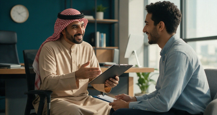 موظف يعرض لوحة بيانات امتثال قانون العمل الكويتي في القطاع الخاص 