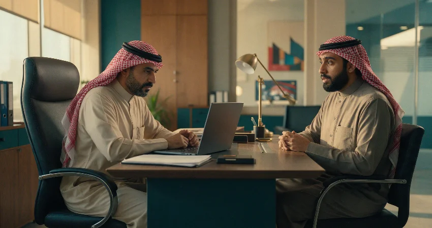 مدير منشغل بشاشة الحاسوب بينما يجلس أمامه موظف ينتظر تغذية راجعة حقيقية حول أدائه