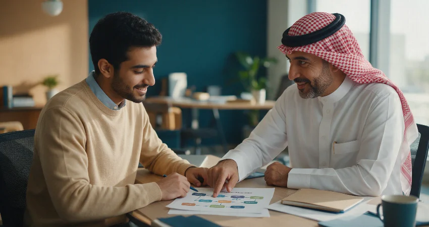 مدير يوجّه موظفًا أصغر سنًا ويشرح له مسار التطور الوظيفي المرتبط بالأداء