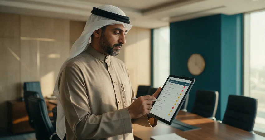 مديرة موارد بشرية تراجع على جهاز لوحي قائمة مؤشرات تدل على ضرورة إعادة تقييم نظام إدارة الأداء